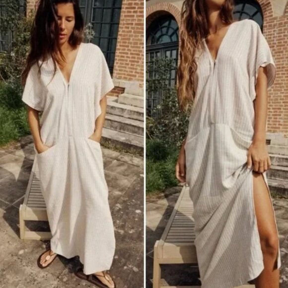 Zara Limited Edition Linen Blend Striped Kaftan Maxi Dress - Picture 1 of 3